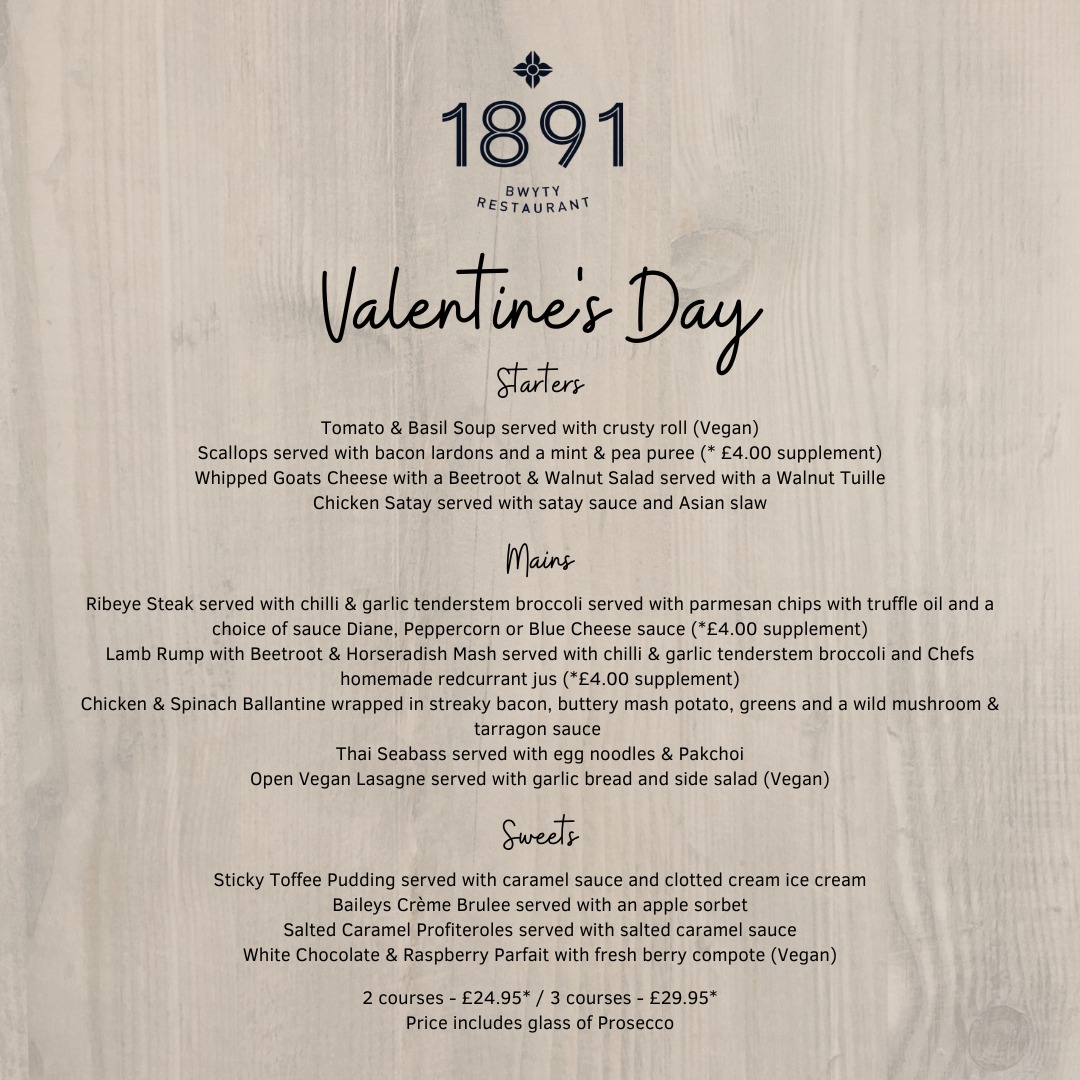 1891, Rhyl Valentine's Day Menu
